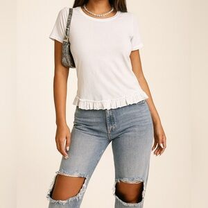 Banana Republic Designer Tee – White Ruffle Hem, Size M